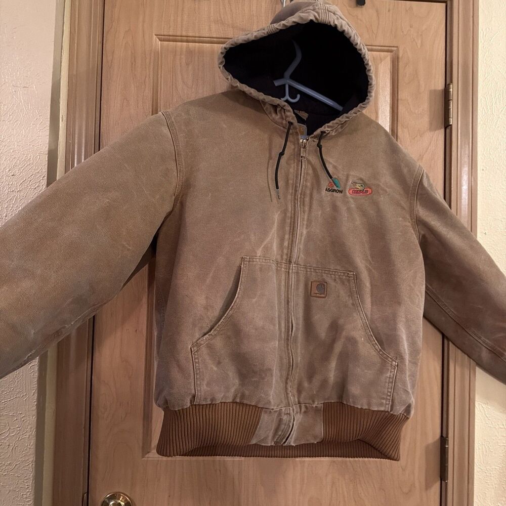 Vintage Carhartt Hooded Brown Jacket USA Embroidered AsgrowDekalb Seed Logo Sz L
